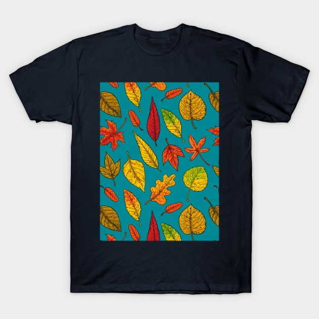 Autumn leaves on blue T-Shirt by katerinamk